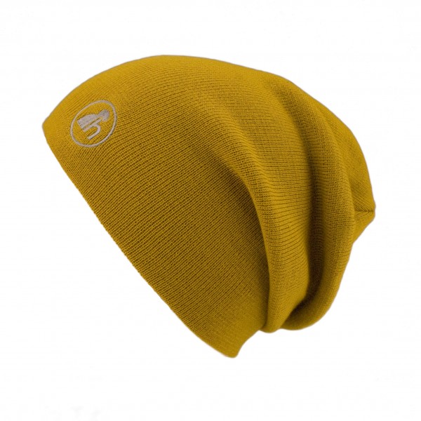 haubn Merino Beaniemütze sandgelb Logo hellgrau